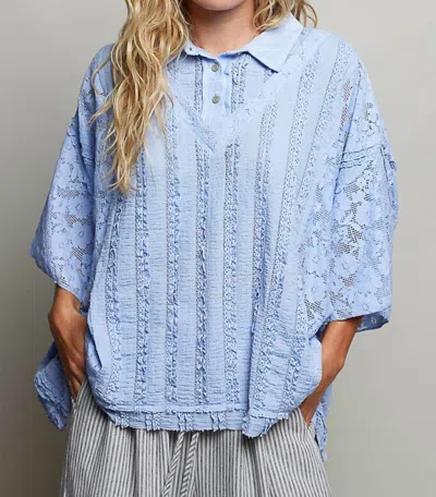 Pol Lace Patch Solid Lightweight Short Sleeve Collared Knit Top In Evening Blue