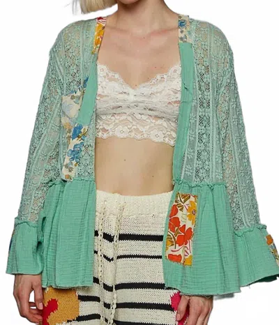 Pol Lace Ruffled Hem Open Front Cardigan In Mint Green