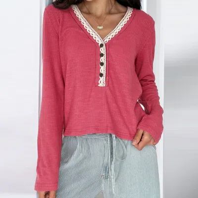 Pol Lace-trim Henley Top In Raspberry In Multi