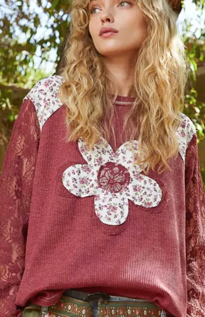 Pol Larissa Lace Blossom Top In Pink Multi In Brown
