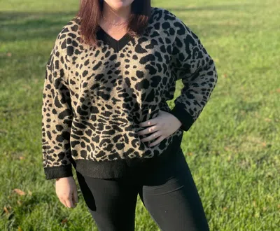 Pol Leopard Print V Neck Sweater In Black