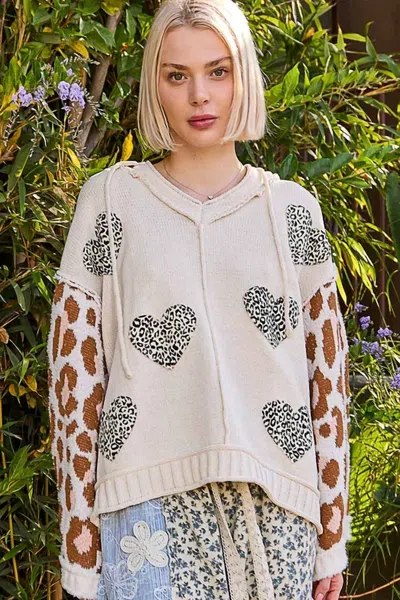 Pol Long Animal Print Sleeve Heart Leopard Patch Sweater In Cream In Neutral