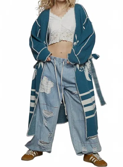 Pol Long Floral Wrap Cardigan With Belt In Blue