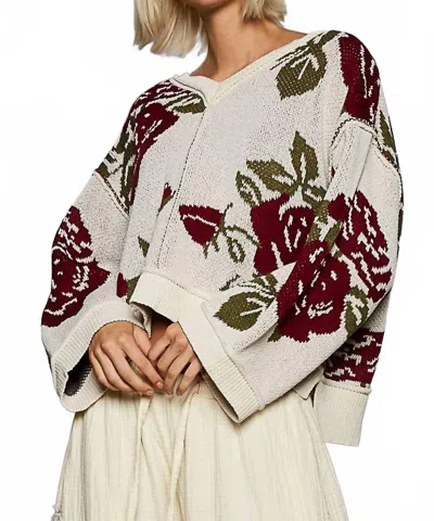 Pol Long Sleeve Contrast Floral Exposed Seam Detail Sweater Top In Cream In Neutral
