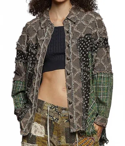 Pol Long Sleeve Contrast Textured Shacket In Chocolate Brown In Gray