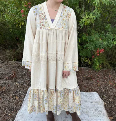Pol Long Sleeve Cotton Gauze Tiered Dress With Crochet Trim In Natural In White