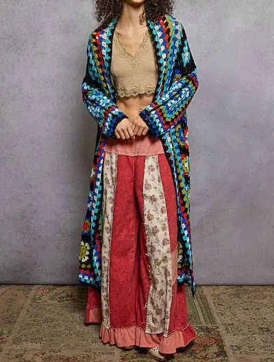 Pol Long Sleeve Crochet Cardigan In Black Multi