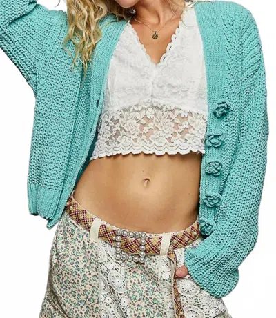 Pol Long Sleeve Exaggerated Button Sweater Cardigan Top In Aqua In Green
