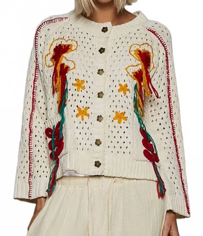 Pol Long Sleeve Floral Frayed Edge Cardigan Top In Powder Cream In White