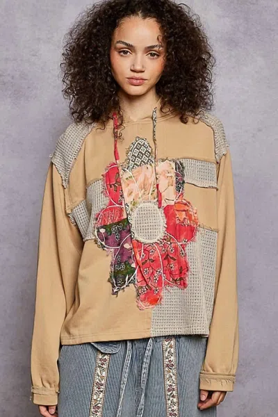 Pol Long Sleeve French Terry Printed Flower Patch Knit Top In Mocha In Neutral