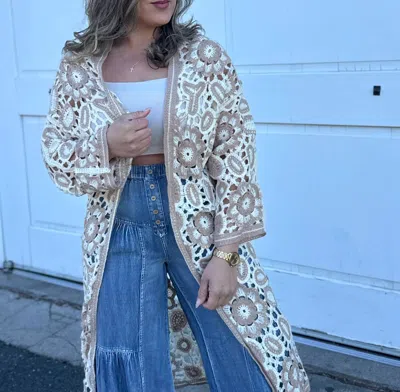 Pol Long Sleeve Open Front Long Cardigan In Beige In Blue