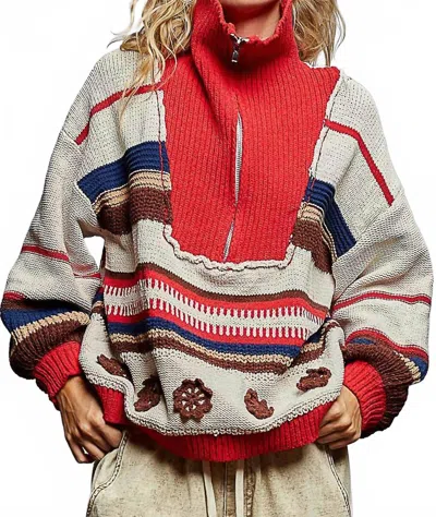 Pol Long Sleeve Quarter Zip Sweater In Red Multi