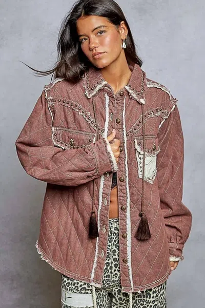 Pol Long Sleeve Western-inspired Yoke Studded Lace Panel Jacket In Red Bean In Brown