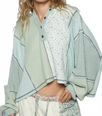 Pol Lynn Thermal Balloon Sleeve Hoodie Top In Pistachio In Blue