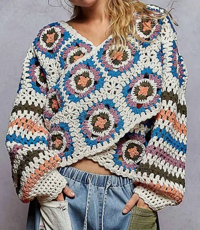 Pol Marlowe Crochet Sweater In Multicolor In Animal Print