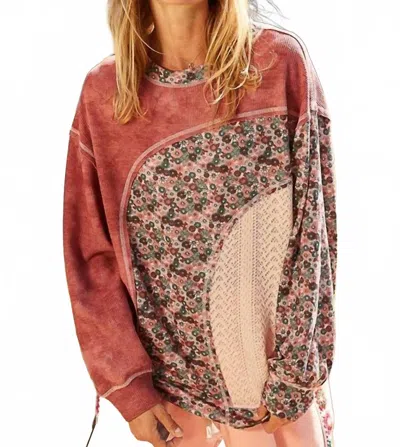 Pol Mazy Oversize Long Sleeve Floral Contrast Thermal Top In Burgundy In Pink