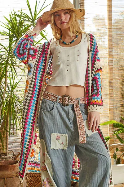 Pol Mia Grandma Square Knit Cardigan In Beige Multi In Blue