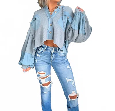 Pol Might Be Love Button Up Sweater Top In Dusty Blue In Multi