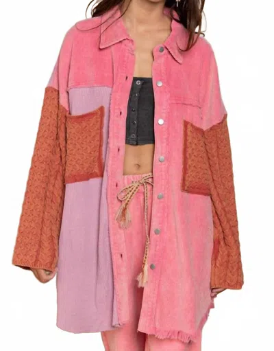 Pol Mixed Media Sweater Sleeve Shacket - Plus In Neon Pink In Multi