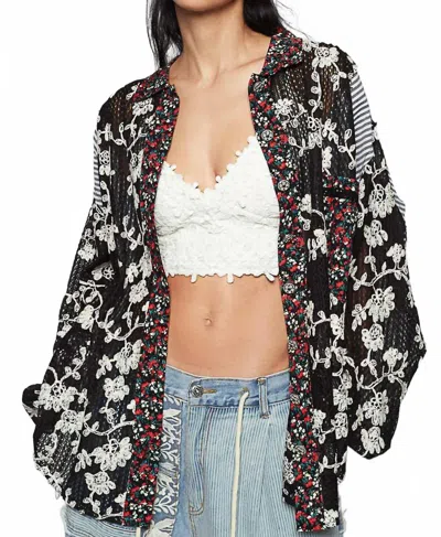 Pol Mixed Texture Patchwork Button Up Top In Black In Multi
