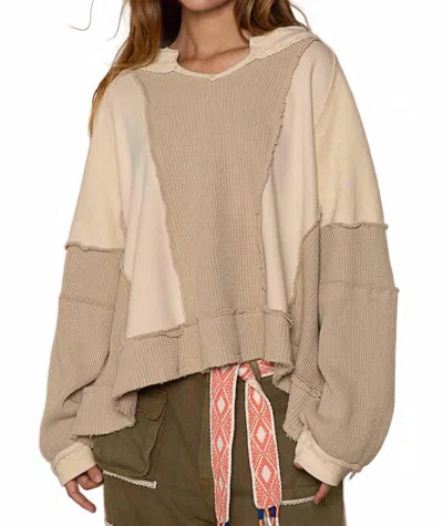 Pol Notched Neck Contrast Long Sleeve Top In Beige Multi In Neutral