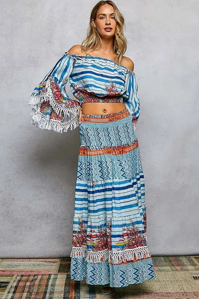 Pol Off-shoulder Fringe Sleeve Smocked Top And Skirt Set In Ivory/blue Multi