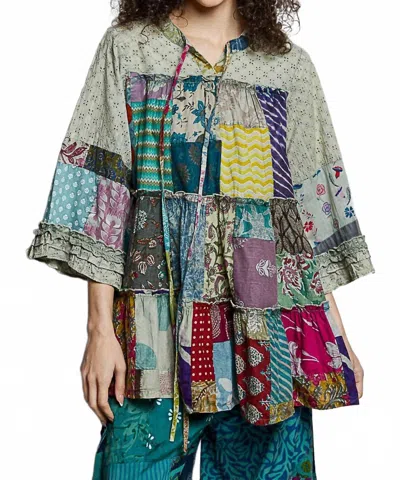 Pol One Of A Kind Patch Work Tunic Top In Sage Green In Multi