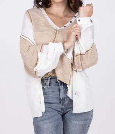 Pol Open Arms Women's V-neck Textured Long Sleeve Top In Camel/white In Multi