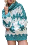 Pol Open-knit Chunky Turtleneck Sweater In Ivory Teal Stripe In Brown