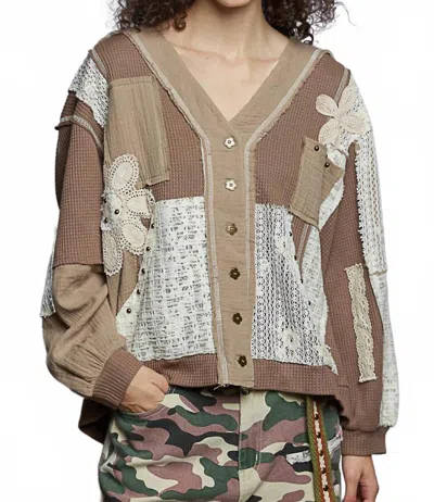Pol Oversize Lace Print Waffle Knit Button Up Top In Mocha In Brown