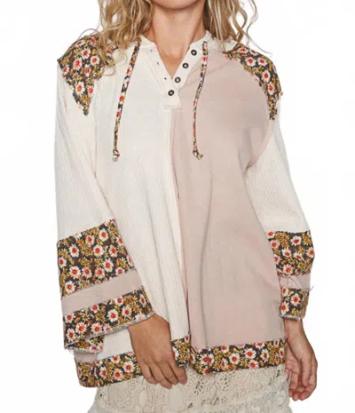 Pol Oversize Long Sleeve Floral Patch Two Tone Hoodie Top In Almond In Multi