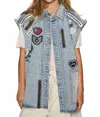 Pol Oversize Sleeveless Embroidered Patchwork Vest In Denim In Blue