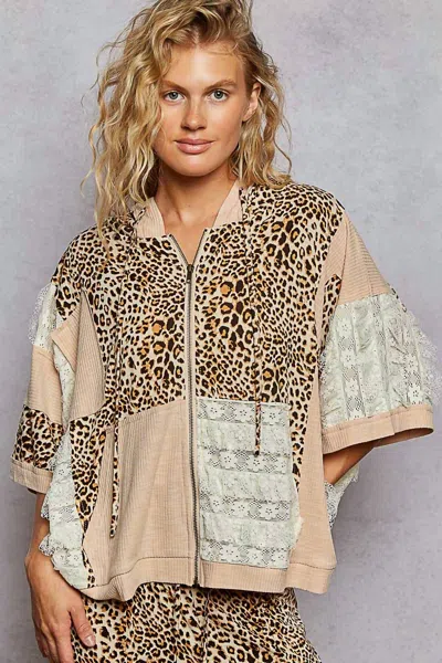 Pol Oversized Fit Lace Patch Zip Up Hoodie In Animal Print In Multi