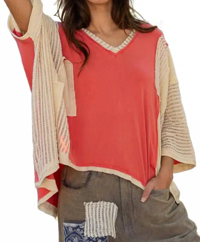 Pol Oversized High Low Contrast V-neck Top In Pink/white In Red