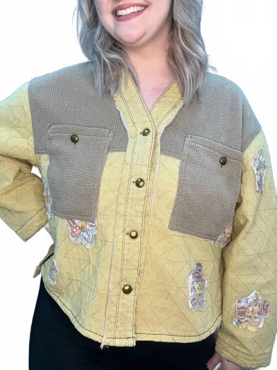 Pol Oversized Quilted V Neck Jacket Top In Honey/taupe In Multi