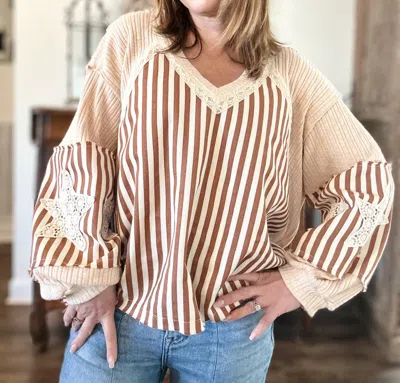 Pol Oversized Striped Balloon Sleeve Top In Almond In Pink