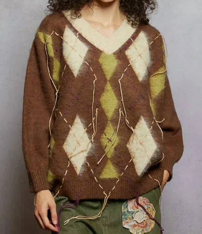 Pol Oxford Argyle Distressed Oversized Sweater In Matcha/mocha In Multi
