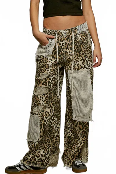 Pol Patched Wide Leg Denim Pants In Sand Leopard In Animal Print