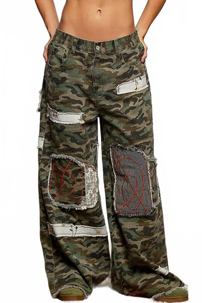 Pol Patchwork Crochet Cargo Jogger Pants In Oliva Camo In Multi
