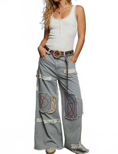Pol Patchwork Crochet Cargo Jogger Pants In Striped Denim In Gray