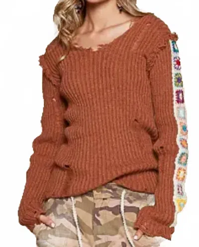 Pol Patchwork Crochet Sweater In Brown Multi