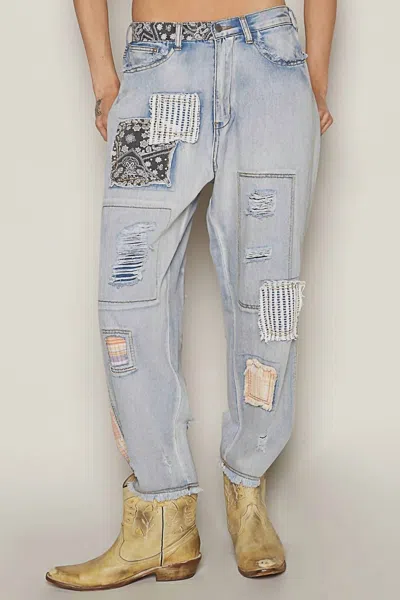 Pol Patchwork Detail Denim Ankle Pants In Light Wash In Blue