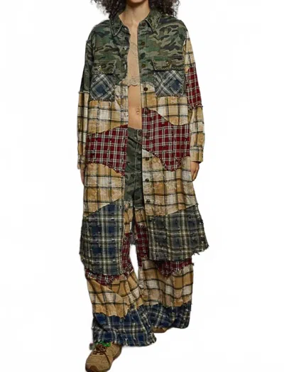 Pol Patchwork Long Sleeve Plaid Woven Maxi Shirt In Multicolor