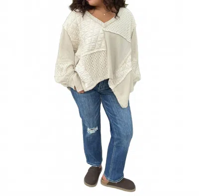 Pol Patchwork Long Sleeve V Neck Top In Oatmeal In White