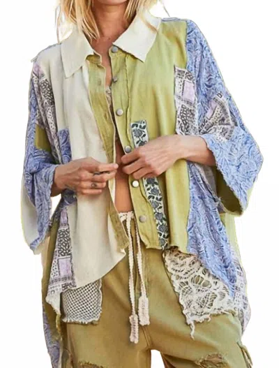Pol Patchwork Problems Button Down Shirt In Celery