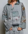 Pol Patchwork Pullover Half Placket Kangaroo Hoodie In Charcoal In Gray