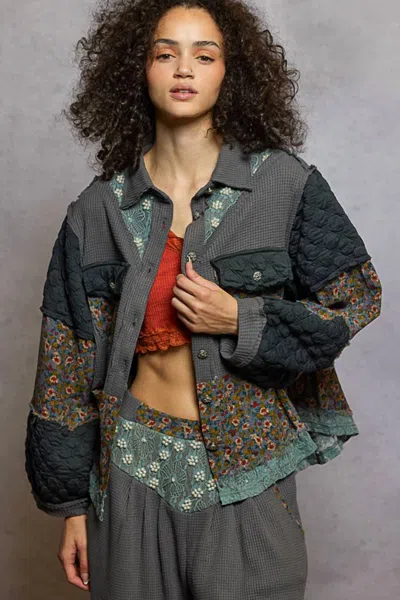 Pol Pearl And Floral Jacket In Charcoal In Blue