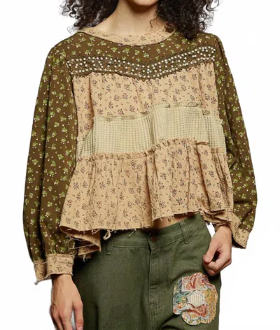Pol Pearl Studded Patch Work Top In Olive Green