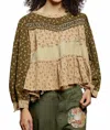 Pol Pearl Studded Patch Work Top In Olive Green In Multi