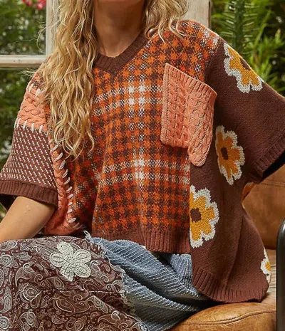 Pol Plaid And Floral Knit Top In Choco Brown